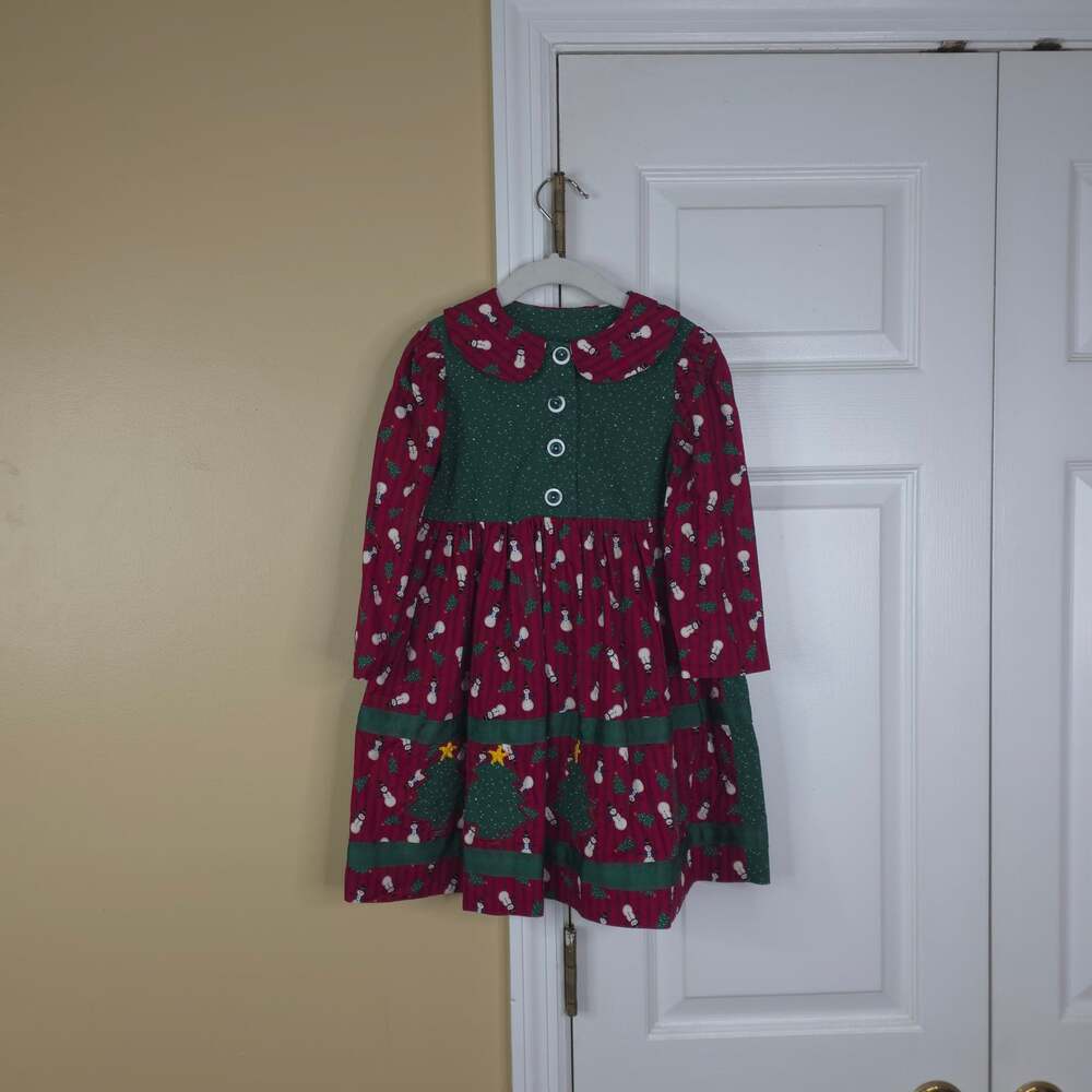 Vintage Handmade Christmas Snowman Long Sleeve A-line Holiday Dress Green Size 7